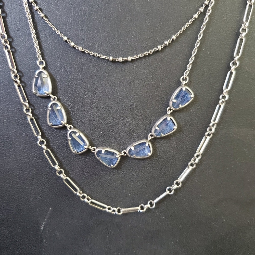 Kendra Scott Susanna Rhodium Plated Triple Strand Necklace Blue Stones Gift